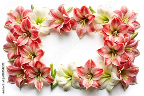 Elegant floral frame of red and white amaryllis flowers on white background