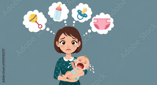 Stressed First-Time Mother Holding Her Crying Newborn Baby While Overwhelmed with Thoughts of Daily Care Responsibilities and Postpartum Struggles