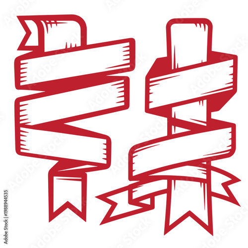 Red ribbon banners on white background, two stylized ribbons