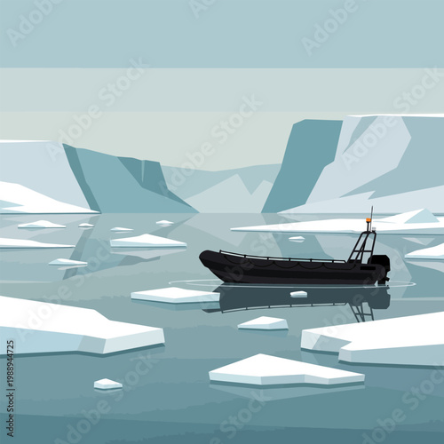 Black boat floating in icy arctic waters with icebergs