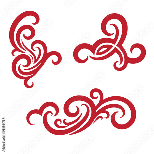 Red swirling floral patterns on white background, set of three