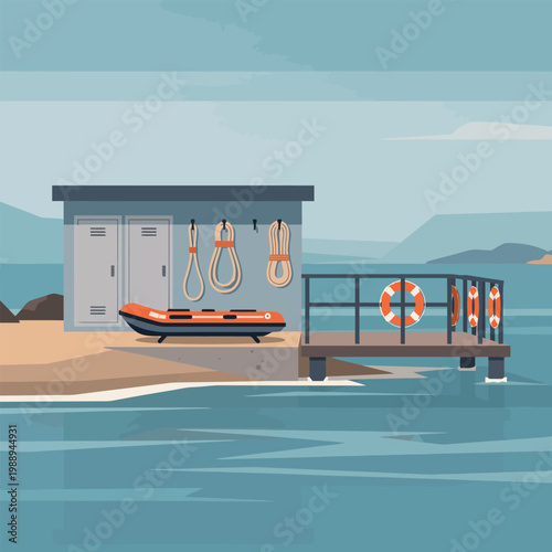 Coastal dock with safety rings, rescue boat, and storage shed illustration