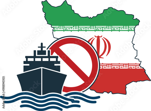 Iran Map with Ship and Prohibition Symbol country flag
