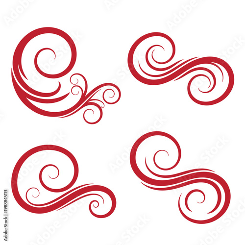 Red swirling shapes on white background, set of four curls swirls