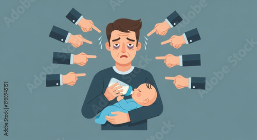 Father's exhaustion and the pressure of new parenthood, a visual representation of societal judgment and parental stress