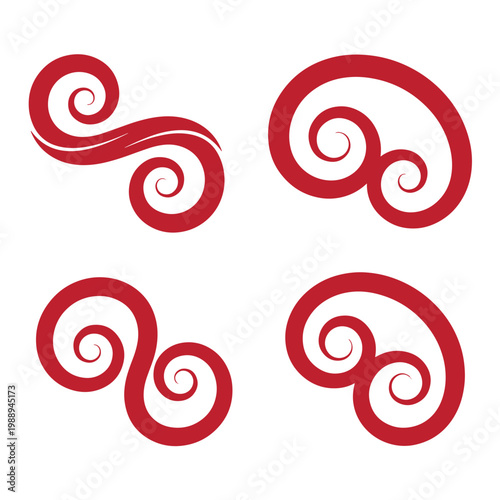 Red swirls on white background, set of four curled shapes curls