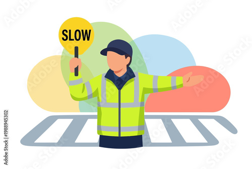 Traffic Warden in High Vis Vest Holding Slow Sign at Zebra Crossing