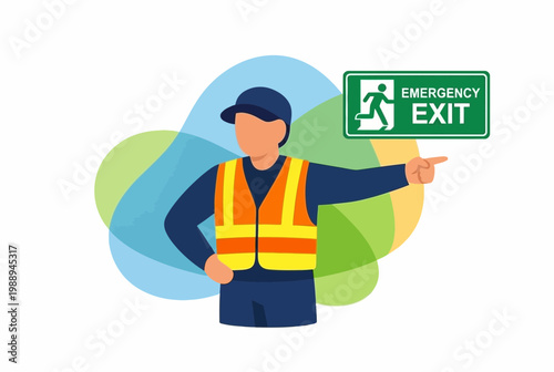 Worker Pointing to Emergency Exit Sign for Safety and Evacuation