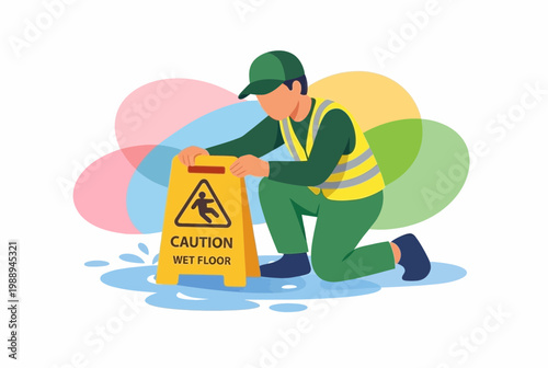 Janitor placing yellow caution wet floor sign near water spill