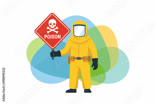 Person in Yellow Hazmat Suit Holding Poison Warning Sign