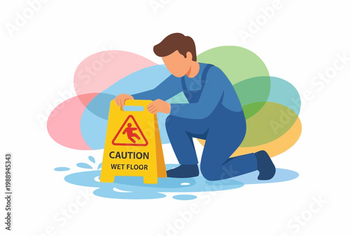 Janitor placing caution wet floor sign near puddle vector illustration