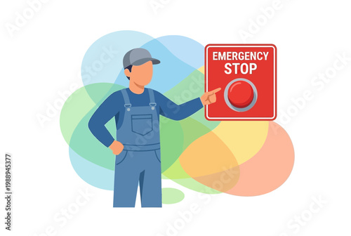Worker Pointing to Emergency Stop Button Safety Sign