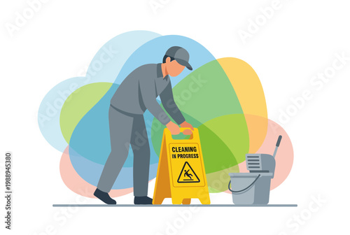 Professional Janitor Placing a Cleaning in Progress Caution Sign