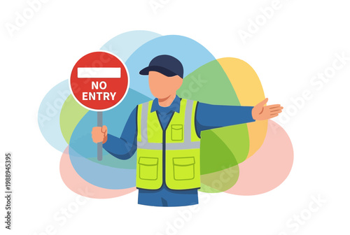 Security Guard Holding No Entry Sign Vector Illustration