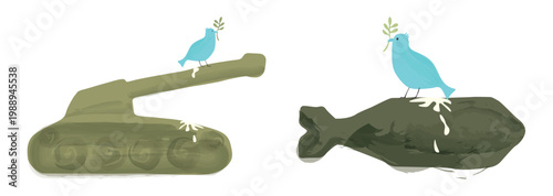 Set of peace dove light blue color with olive branch defecated on military tank and missile bomb watercolors hand painted childish style isolated