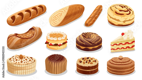 Assortment of Sweet Treats: A mouthwatering display of artisan bread and delectable pastries, perfect for culinary and bakery-themed projects.