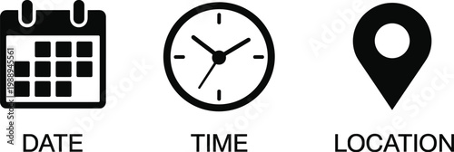 Calendar clock and location pin icons with text date