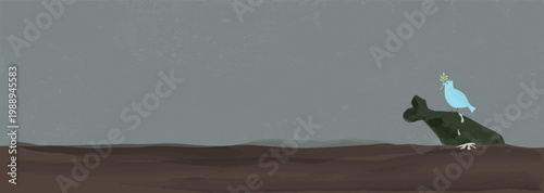 Peace dove light blue color with olive branch defecated on missile bomb watercolors hand painted childish style horizontal banner template have blank space.