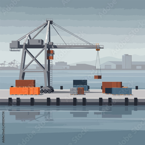 Shipping containers being loaded by crane at a commercial port