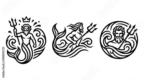 Mythological Poseidon Trident God of the Sea Vector Illustrations.
