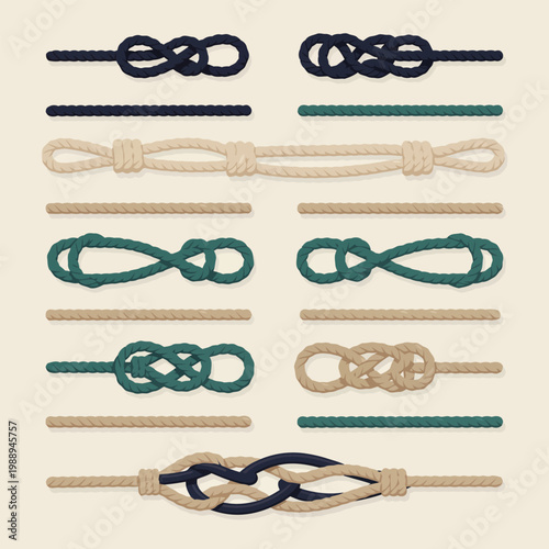 Various nautical rope knots tied with different cord shapes
