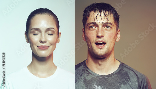 Portrait of serene smiling woman and surprised wet-haired man side by side.