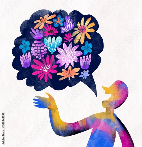 Human Profile with speech bauble with  flowers  calling for spring
