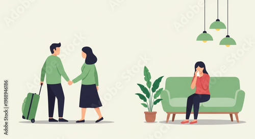 Couple walking with suitcase, woman crying on sofa with tissue, separation and emotional distress