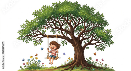 Happy Little Boy Swinging on a Tree Branch Flat Vector Illustration