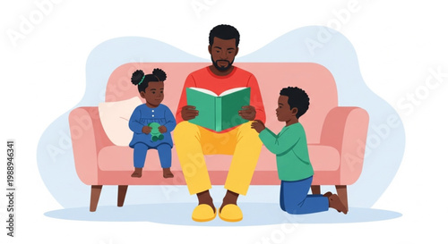 A father reading a book to his two young children on a couch, illustrating family bonding and education at home