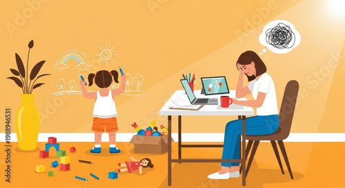 Woman working from home with a child drawing on the wall, juggling responsibilities and remote work challenges