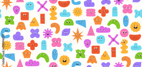 Geometric characters with emotions seamless pattern. Blob shapes expressive comic forms smiling childish faces boundless background. Abstract playful figures endless design wrapper backdrop template
