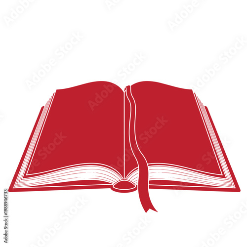 Open red book with white pages and bookmark on white background, open book black, background, not present