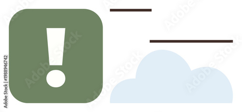 Alert systems, data notifications, weather updates, cloud storage, emergency symbols, communication. Green exclamation mark with cloud and lines. Alert systems and data notifications visual