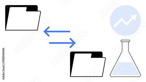 Data sharing, science research, innovation, technology analysis, data management, progress indication. Data transfer between folders and a lab flask. Data sharing and science research concept
