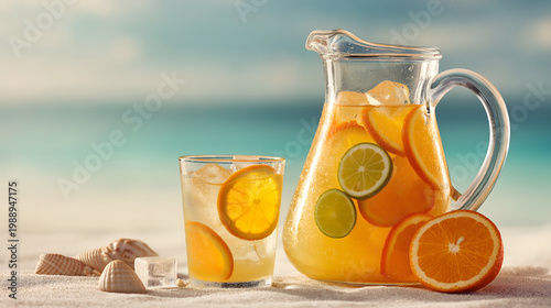 Orange Lemonade Pitcher and Glass on Beach with Fresh Citrus Fruit