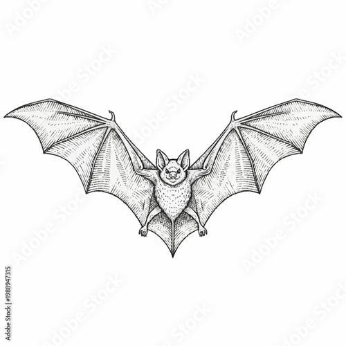 Detailed illustration of a bat with outstretched wings.