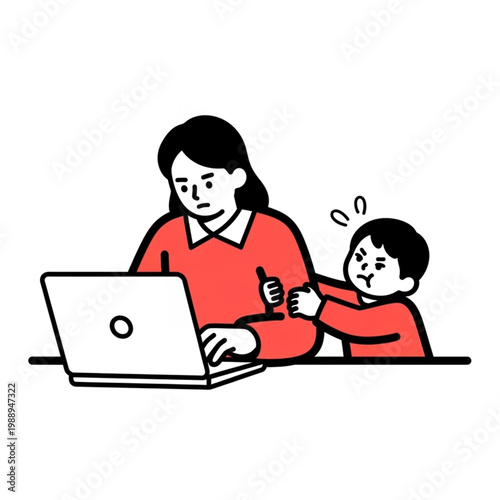 A mother's challenge balancing remote work and a demanding child's need for attention, depicting the daily struggles of modern parenting and multitasking in a home office