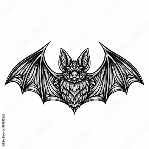 Detailed Illustration of a Bat with Open Wings.
