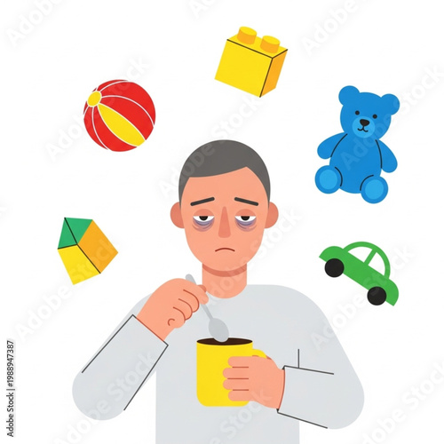 Exhausted parent trying to stay awake with coffee amidst scattered children's toys, depicting the demanding realities of childcare, sleep deprivation, and the daily parental grind