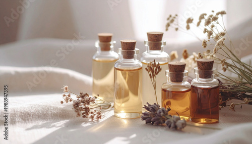 Essential oil bottles with dried lavender and flowers on white linen