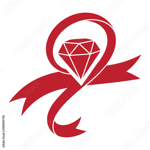Red ribbon with diamond, black background, not visible gemstone symbol red and white