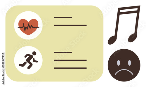 Health tracking, fitness apps, emotional well-being, exercise, mood monitoring, lifestyle tools. Heartbeat, running icon music note sad face symbols on neutral background. Health tracking