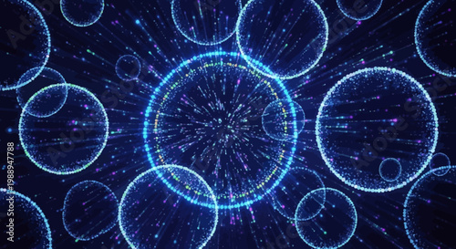 Abstract Blue Bubbles and Particles Flowing on Dark Background, Futuristic Digital Network