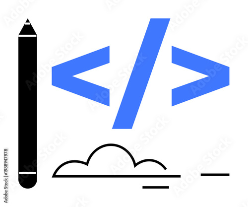 Programming, coding education, creative design, frontend development, digital creativity, minimalism. Pencil with code brackets and cloud element. Programming and coding education concepts