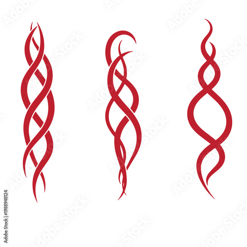Red twisted ribbon on white background, three variations abstract