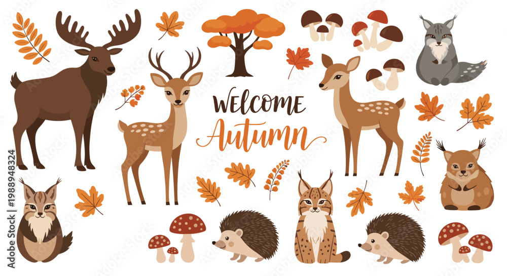 Fototapeta premium Large set of various forest animals and autumn leaves with the text welcome autumn on a clean white background.