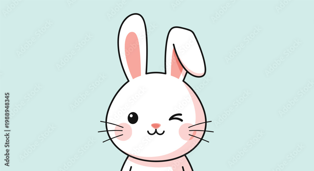 Fototapeta premium Cute white cartoon bunny rabbit with pink cheeks and long ears winking playfully against a soft light blue background.