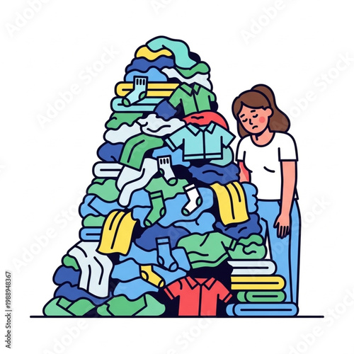 A tired woman faces the monumental task of dealing with a towering, overwhelming pile of dirty laundry, depicting the never-ending challenge and burden of household chores and daily life management
