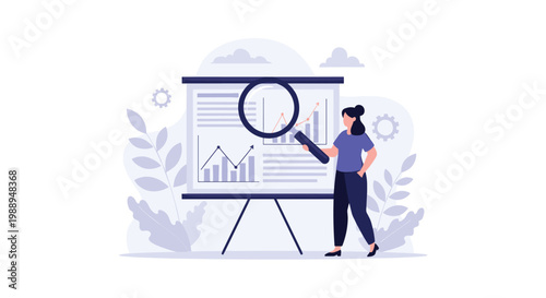 Businesswoman using a large magnifying glass to analyze data charts and financial graphs on a presentation board.